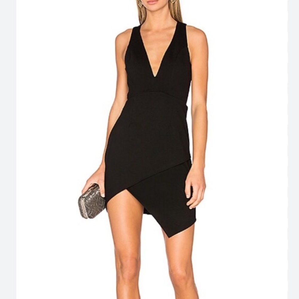 NBD Black Dries Mini Dress Plunge V-Neck Asymmetrical Party Cocktail Dress